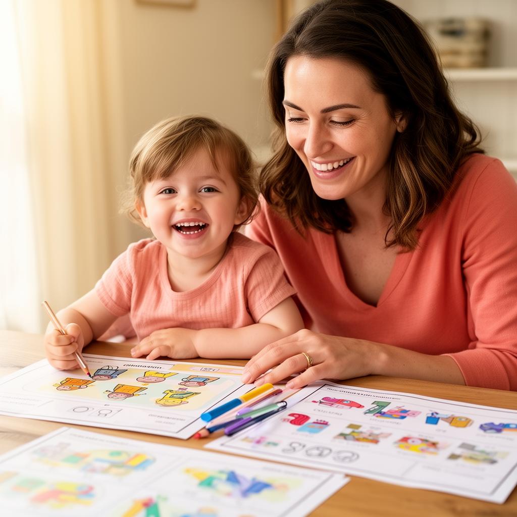 Mãe e filho aprendendo juntos com atividades educativas coloridas